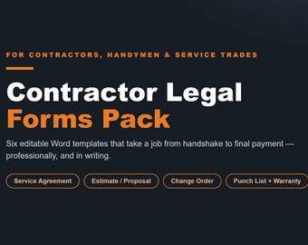 Contractor Legal Forms Pack, 6 Editable Word Contract Templates, Service Agreement, Estimate, Change Order, Punch List, Warranty