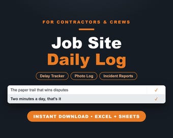 Construction Daily Log Excel | Job Site Diary Daily Report Template | Contractor Delay Tracker, Photo Log, Incident Report Spreadsheet