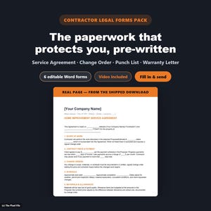 Contractor Legal Forms Pack, 6 Editable Word Contract Templates, Service Agreement, Estimate, Change Order, Punch List, Warranty