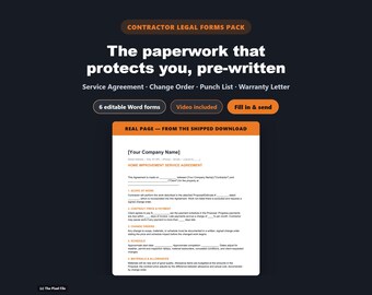 Formularpaket für Bauunternehmer, 6 bearbeitbare Word-Vertragsvorlagen, Dienstleistungsvertrag, Kostenvoranschlag, Änderungsauftrag, Mängelliste, Garantie