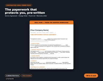 Contractor Legal Forms Pack, 6 Editable Word Contract Templates, Service Agreement, Estimate, Change Order, Punch List, Warranty