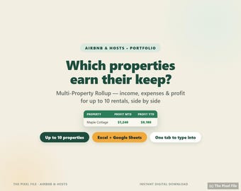 Hoja de cálculo para múltiples propiedades de alquiler / Seguimiento de cartera de Airbnb en Excel y Google Sheets / Resumen de ingresos, gastos y ganancias para hasta 10 propiedades