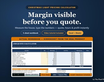 Christmas Light Pricing Calculator Excel, Holiday Lighting Bid and Quote Template, Labor + Profit Margin, Season P&L, Google Sheets