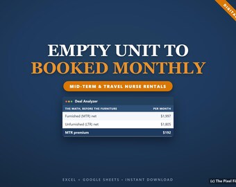 Mid Term Rental Spreadsheet & Travel Nurse Housing System | Furnished Rental Lease, Deal Analyzer Excel Google Sheets, Furnishing Checklist