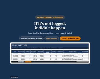 除雪ログシート Excel + 印刷可能な PDF、除雪・除氷サービス記録、塩散布ログ、転倒事故報告書フォーム、編集可能