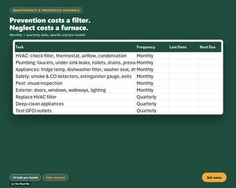Onderhoudsregistratie en preventief schema voor Airbnb-woningen — Logboek voor onderhoud aan vakantiewoningen | PDF + Google Sheets + Excel