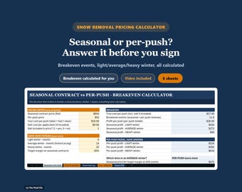 Snow Removal Pricing Calculator Excel, Seasonal Contract vs Per Push Breakeven, Route Profit Per Hour & Salt Cost, Google Sheets