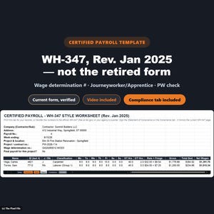 Certified Payroll Template Excel | WH-347 Style Weekly Report Spreadsheet | Davis Bacon Prevailing Wage Payroll for Government Contracts