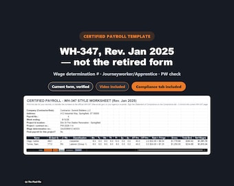 Certified Payroll Template Excel | WH-347 Style Weekly Report Spreadsheet | Davis Bacon Prevailing Wage Payroll for Government Contracts