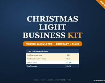 Kit de negocio para la instalación de luces navideñas / Calculadora de precios de iluminación navideña en Excel / Contrato de instalación, presupuesto, factura y folleto