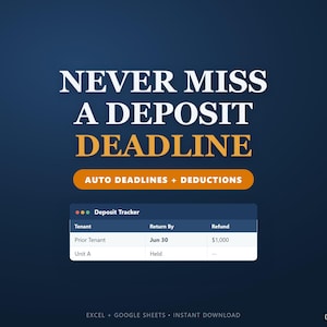 May include: A digital deposit tracker spreadsheet template on a dark blue background. The text reads NEVER MISS A DEPOSIT DEADLINE, AUTO DEADLINES + DEDUCTIONS, and Deposit Tracker, with a table showing columns for Tenant, Return By, and Refund.