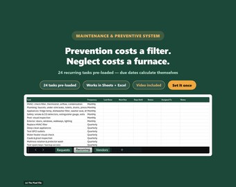 Airbnb Maintenance Tracker & Preventive Schedule — Vacation Rental Home Maintenance Log | PDF + Google Sheets + Excel