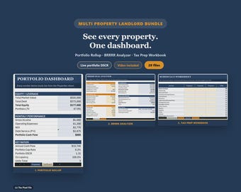 Multi Property Landlord Bundle - Rental Portfolio Dashboard, BRRRR And Tax Workbook, Lease Forms, Excel & Google Sheets, 20 Files