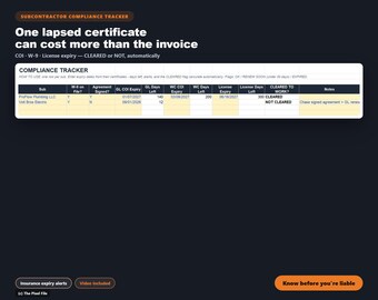 Subcontractor Compliance Tracker Excel — Insurance Expiry Alerts, COI, W9, 1099 & Lien Waiver Log, Sub Agreement | Google Sheets