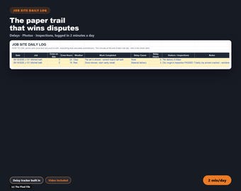 Excel-bestand voor een dagelijks bouwlogboek | Sjabloon voor een dagelijks rapport op de bouwplaats | Tracker voor aannemersvertragingen, fotologboek en incidentrapportage