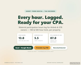 Airbnb Tax Hours Log, Material Participation Tracker, Short Term Rental Time Log Spreadsheet, 100 & 500 Hour Test, Excel Google Sheets