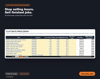 Flat Rate Price Book Builder Excel — Service Pricing Calculator for Handyman, Plumber, Electrician, HVAC | Job Price Sheet, Client Menu