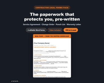Contractor Legal Forms Pack, 6 Editable Word Contract Templates, Service Agreement, Estimate, Change Order, Punch List, Warranty