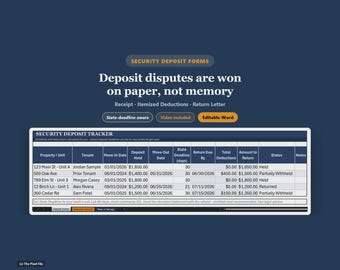 敷金に関する各種書類 - 家主向け領収書、明細書、返送用テンプレート、編集可能な即時ダウンロード