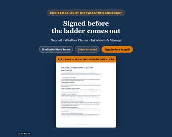 Christmas Light Installation Contract, Holiday Lighting Agreement with Takedown & Storage Clause, Estimate and Invoice, Editable Word