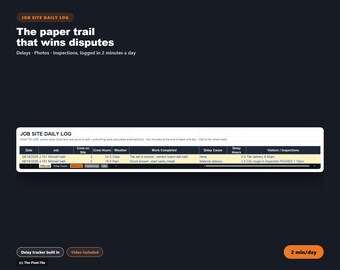 Construction Daily Log Excel | Job Site Diary Daily Report Template | Contractor Delay Tracker, Photo Log, Incident Report Spreadsheet