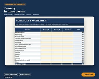 Pakket voor de belastingaangifte voor verhuurders | Schema E spreadsheet | Organisatie van de belastingaangifte voor huurwoningen in Excel en Google Sheets | Kilometerregistratie | Afschrijving | Checklist voor accountant