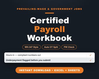 Plantilla de nómina certificada en Excel / Hoja de cálculo de informe semanal estilo WH-347 / Nómina de salarios prevalecientes de Davis Bacon para contratos gubernamentales