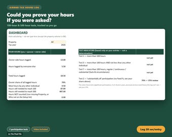 Airbnb Tax Hours Log, Material Participation Tracker, Short Term Rental Time Log Spreadsheet, 100 & 500 Hour Test, Excel Google Sheets