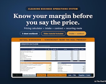 Cleaning Business Operations System, Pricing Calculator Excel and Google Sheets, Client Intake Form, Service Agreement, Invoice, P&L