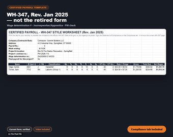 Certified Payroll Template Excel | WH-347 Style Weekly Report Spreadsheet | Davis Bacon Prevailing Wage Payroll for Government Contracts