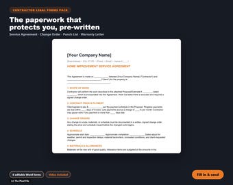 Contractor Legal Forms Pack, 6 Editable Word Contract Templates, Service Agreement, Estimate, Change Order, Punch List, Warranty