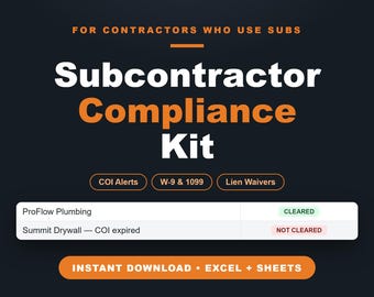 Excel para el seguimiento del cumplimiento de subcontratistas: registro de certificados de seguro, formularios W9, 1099 y exención de gravamen + subcontrato en UNA sola herramienta / Alertas de vencimiento de seguros, hojas de cálculo
