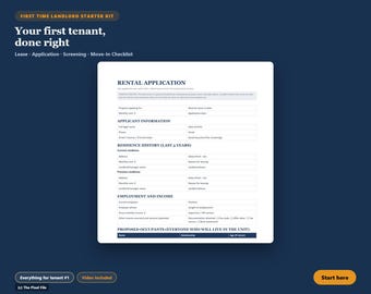 First Time Landlord Starter Kit, Lease Agreement, Rental Application, Tenant Screening Tracker Excel, Move In Checklist, Editable