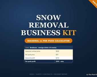 Kit de negocio para la remoción de nieve / Plantilla de contrato de arado de nieve y calculadora de precios en Excel / Precios por temporada vs. por servicio, factura e informe de incidentes