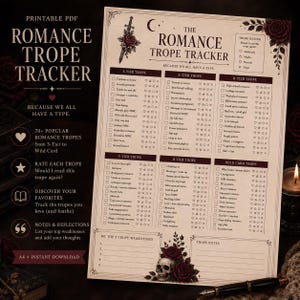 Op de afbeelding: Een printbaar PDF-romance trope tracker-blad met een lijst van romance tropes gecategoriseerd in niveaus van S-Tier tot Wild Card. Het document bevat selectievakjes voor het beoordelen van tropes, een sectie voor top vijf zwaktes en notities, versierd met een schedel en rozen.