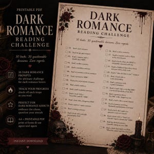Puede incluir: Una lista de lectura imprimible Dark Romance en papel envejecido con 30 sugerencias de libros, una ilustración de calavera y rosas rojas. El texto incluye el título Dark Romance Reading Challenge, 30 books, 30 questionable decisions. Zero regrets, y una lista numerada de tropos para seguir el progreso de lectura.