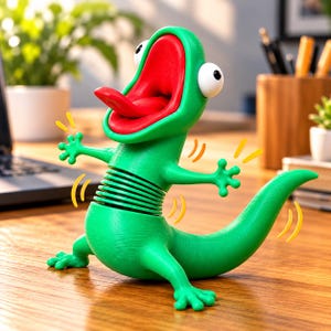 May include: A green lizard figurine with a wide-open red mouth, a protruding tongue, and large white eyes. The body features a flexible, ribbed midsection that allows for movement, and the figure is accented by small yellow motion lines.