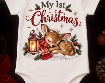 Traditional My 1st Christmas Baby Vest, Sleeping Reindeer and Lantern