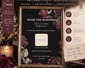 Gothic Alternative Wedding Photo QR Code Sign | Editable Canva Template | Burgundy Wedding Photo Sharing Sign | Instant Download