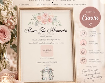 Elegant Wedding Photo QR Code Sign | Floral Share the Memories Sign | Editable Canva Template | Wedding Guest Photo Upload Sign