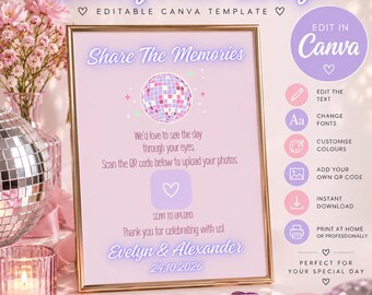 Girly Disco Wedding Photo QR Code Sign | Editable Canva Template | Pale Pink Wedding Photo Sharing Sign | Instant Download