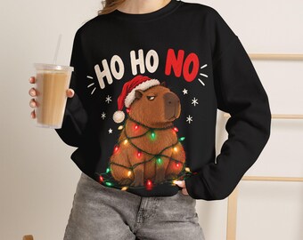 Grumpy Capybara in Santa Hat Sweatshirt | Ho Ho No Christmas Lights