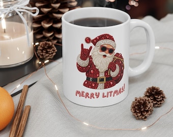 Merry Litmas Santa Mug | Christmas Santa with Sunglasses and Sack