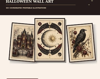 Vintage Gothic Halloween Wall Art Set of 6 | Printable Ravens, Botanicals & Celestial Motifs