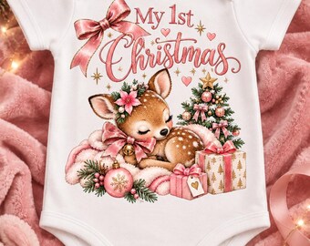 Baby Girls My 1st Christmas Baby Vest, Sleeping Reindeer, Pink