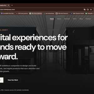 May include: A website interface for a creative digital agency named MONOFORM. The dark-themed landing page features large white text stating Digital experiences for brands ready to move forward, with navigation links and a Start a Project button.