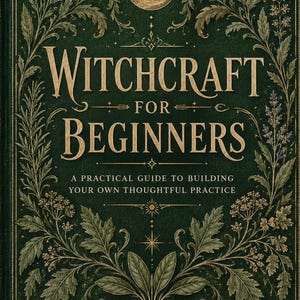 Könnte beinhalten: Ein dunkelgrünes gebundenes Buch mit dem Titel Witchcraft for Beginners: A Practical Guide to Building Your Own Thoughtful Practice von Rowan Vale. Der Einband zeigt botanische Illustrationen in Goldfolie, eine Mondsichel und Sterne.