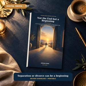 Könnte beinhalten: Ein digitales E-Book mit dem Titel Not the End but a Beginning von Jordan Evern. Das Cover zeigt eine offene Tür mit Blick auf eine Landschaft bei Sonnenuntergang und eine Person auf einem Weg. Der Text enthält The Begsy New Chapters Collection.