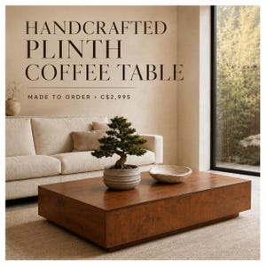 May include: A low, rectangular wooden coffee table with a smooth, warm-toned finish. The table features a solid, block-like plinth base. On the surface sits a small potted bonsai tree in a ribbed ceramic pot and a shallow, light-colored bowl.