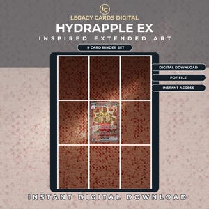 Könnte beinhalten: Ein digitales 9-Karten-Ordner-Set mit einer von Hydrapple EX inspirierten erweiterten Grafik. Das Layout umfasst eine zentrale Sammelkarte, umgeben von acht passenden roten Musterfeldern. Der Text enthält Legacy Cards Digital, Hydrapple EX, Inspired Extended Art, 9 Card Binder Set, Digital Download, PDF File, Instant Access und Instant Digital Download.